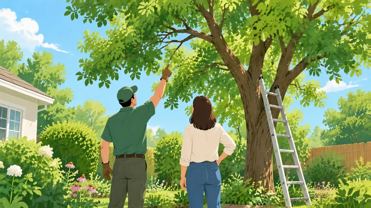 庭木を見上げて相談する職人と家の人