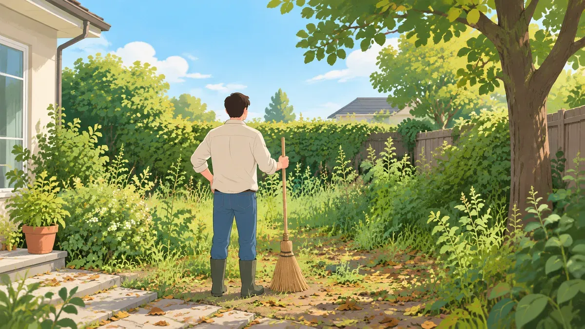 伸びた庭木と草の前で、ほうきを手に立つ人の後ろ姿