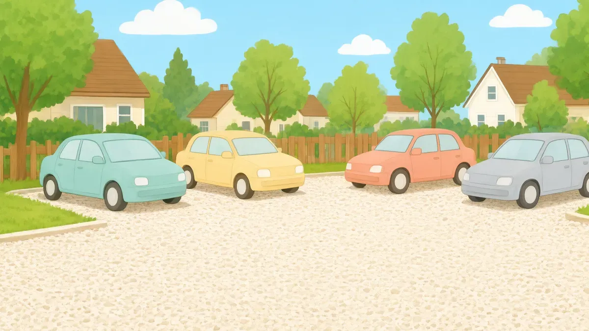 住宅地の砂利の小さな駐車場に車が何台か停まった絵