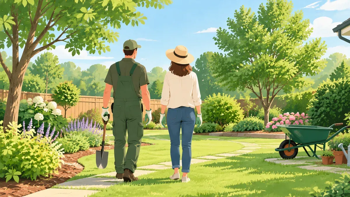 植木屋さんと家の人が並んで庭の木を見て回る後ろ姿の絵