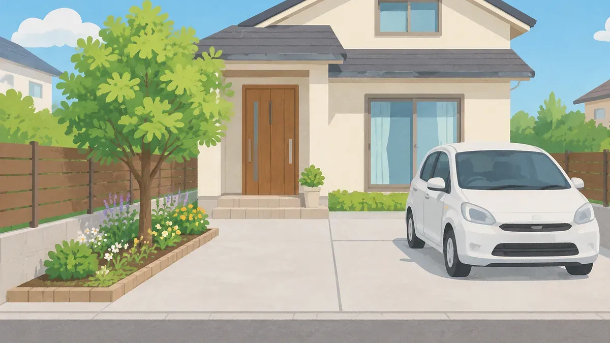 庭の一部がコンクリートの駐車スペースになり木と花壇が残る家の絵