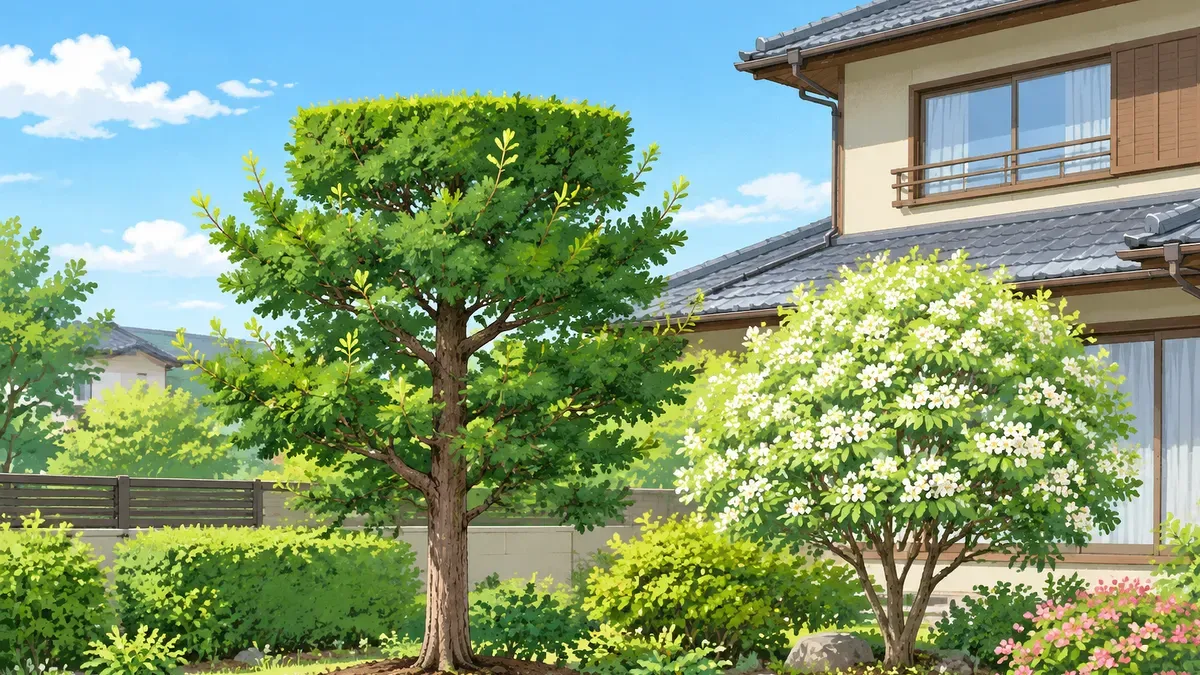 上を切って高さを止めた常緑樹と丸い形の小さな花木の絵