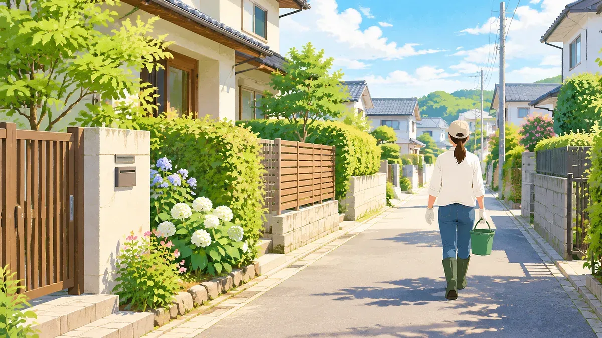 門や塀や生垣のちがう家が並ぶ通りを歩く人の後ろ姿の絵