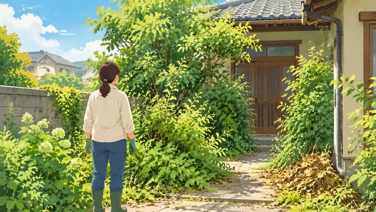 伸びた木が玄関までの通り道にかかる家を見る人の後ろ姿の絵