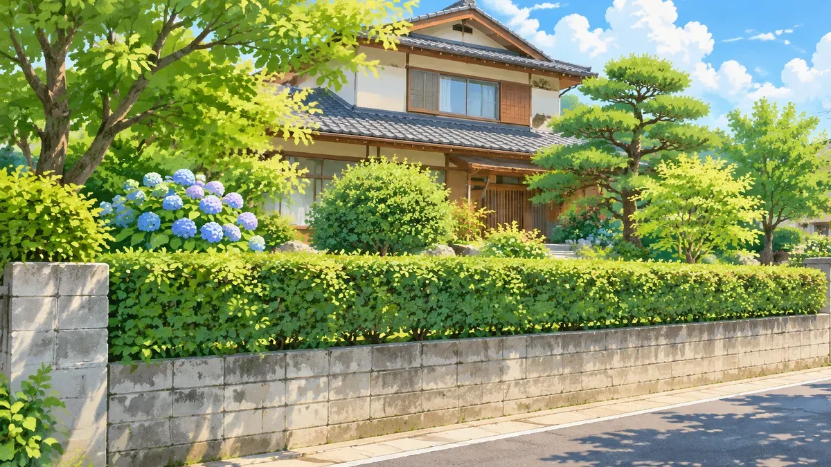 道路沿いの古いブロック塀と生垣の奥に庭が見える家の絵