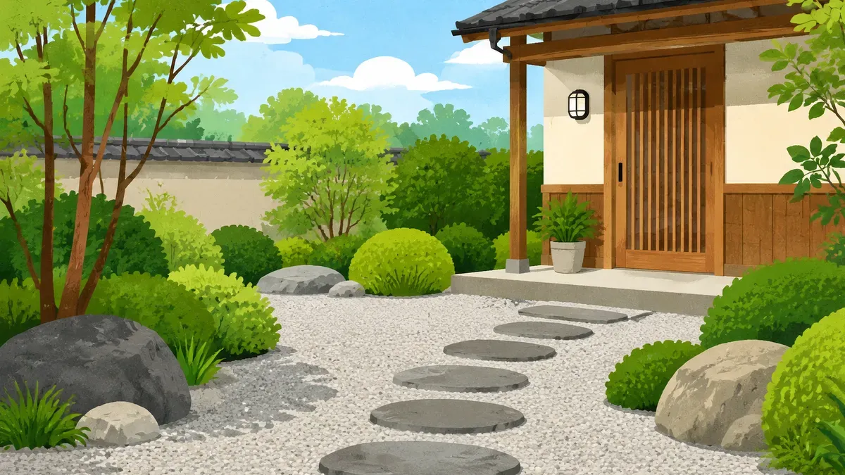 灰色の砂利と飛び石と丸い低木がある家の庭の絵