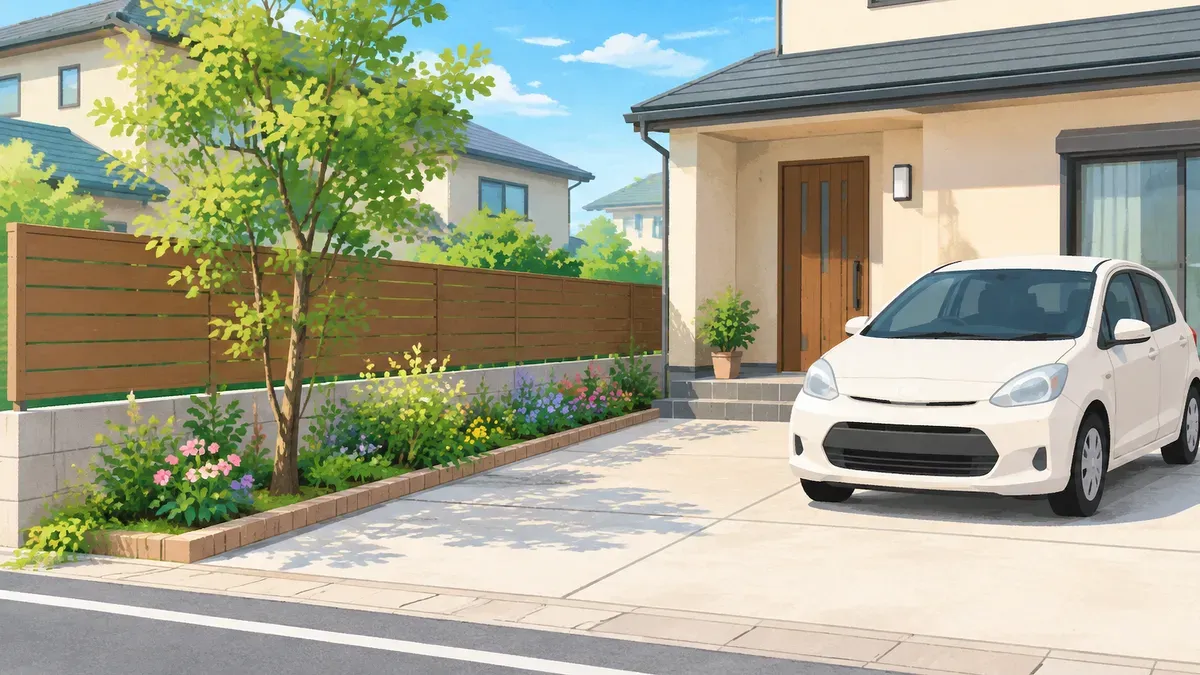 庭の道路側が車1台ぶんのコンクリートになり花壇と木が残る家の絵