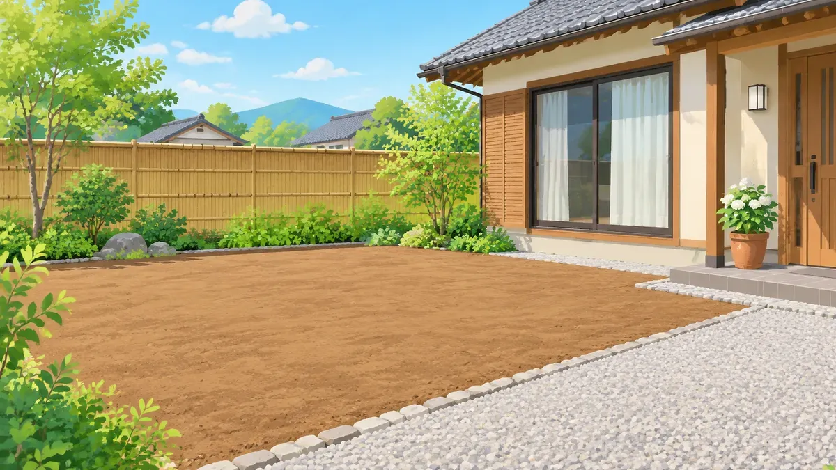平らにならした地面と砂利の場所がある家の庭の絵