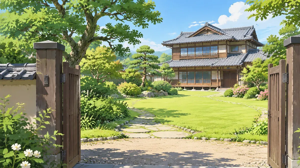 芝と大きな木が何本もある広い庭と古い2階建ての家の絵