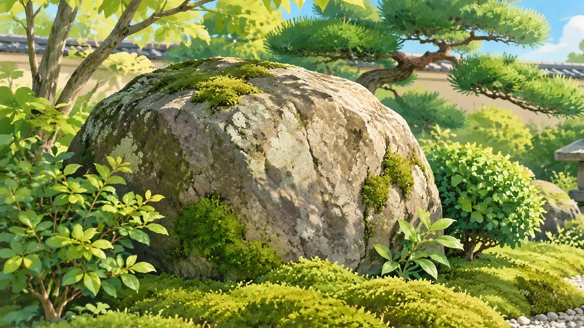 苔と低木に囲まれた大きな庭石の絵