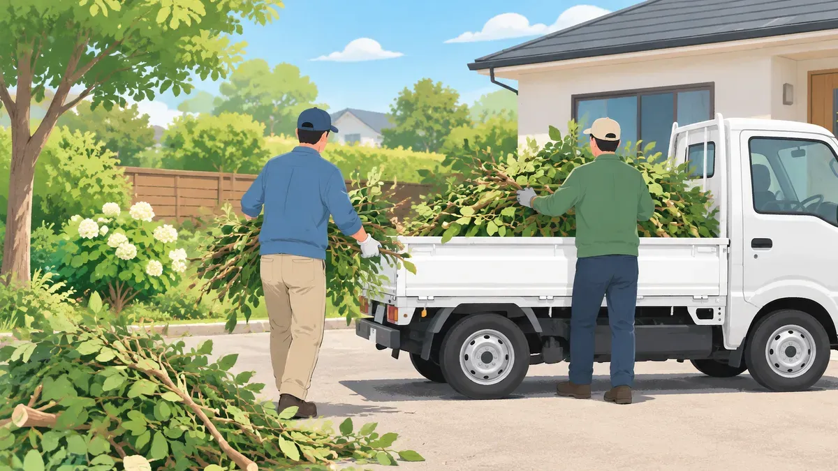 作業着の2人が切った枝を軽トラックに積む後ろ姿の絵