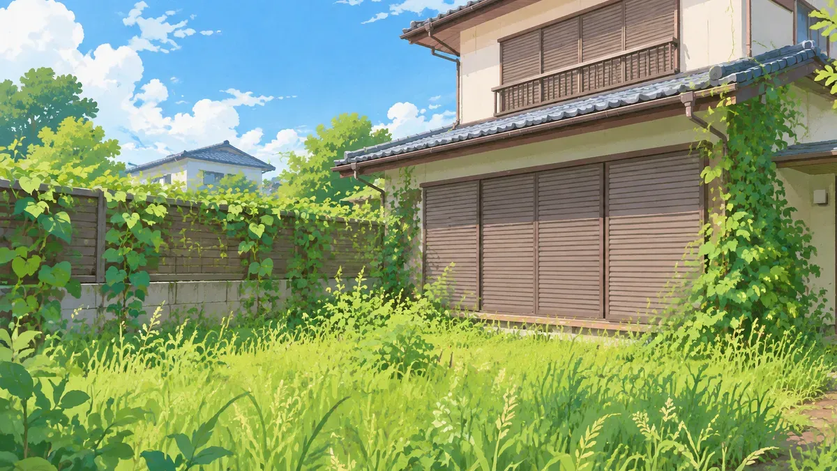 雨戸を閉めた家の庭で草が伸びつるが塀にからむ絵