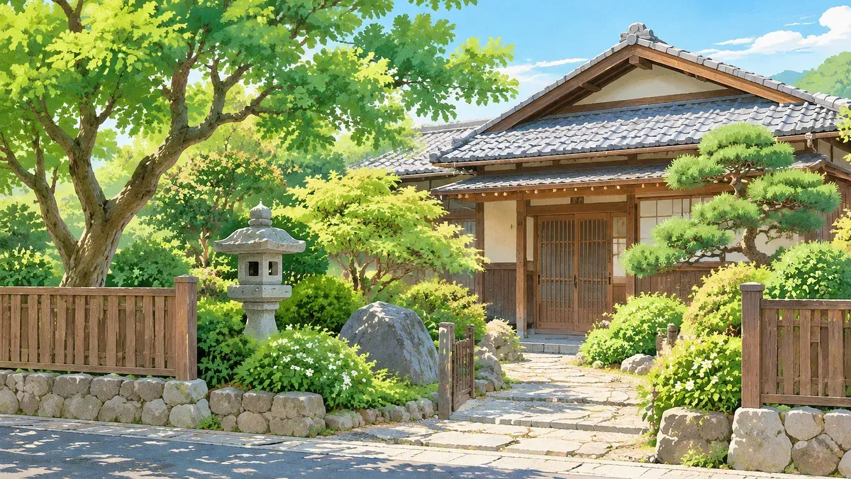 木と庭石と石灯籠が残る古い家を道から見た絵