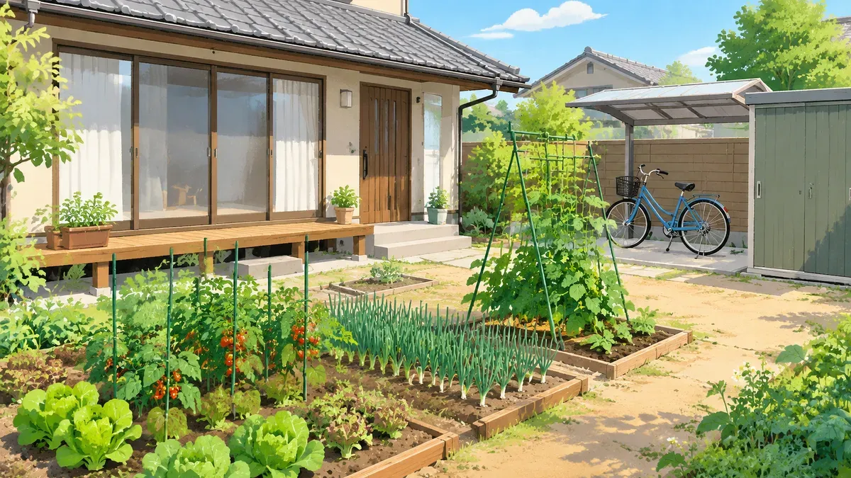 庭が小さな畑と自転車置き場と物置になっている家の絵