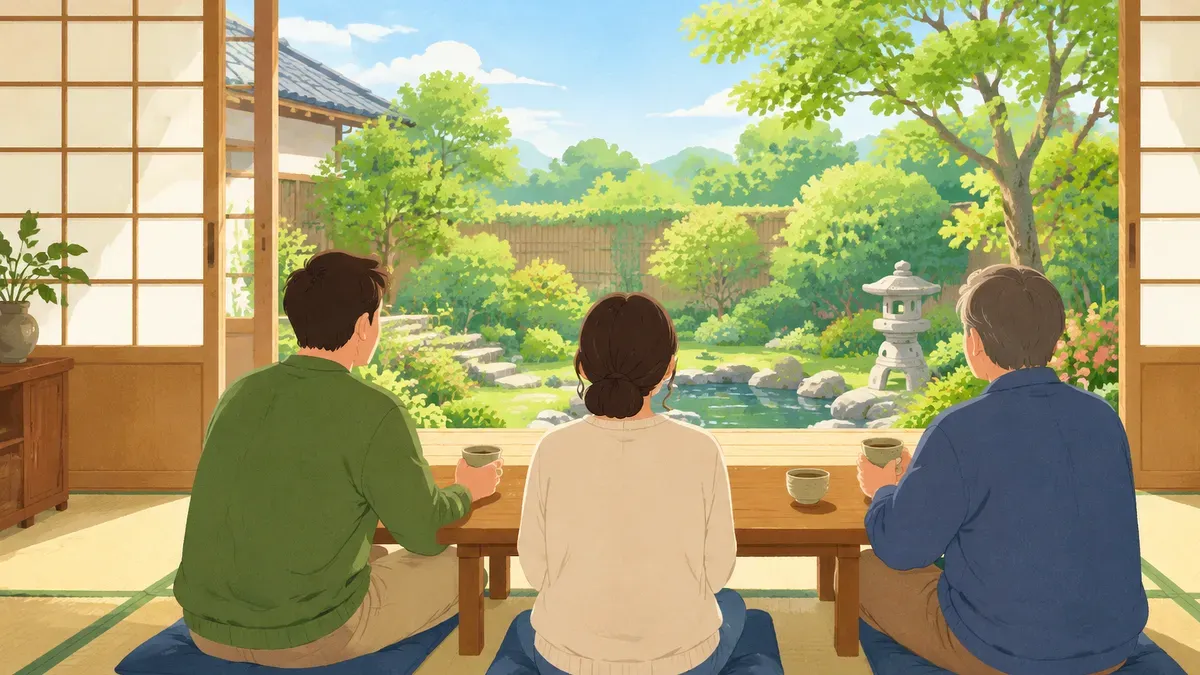 和室の机を囲んで開いた戸から庭を見る家族の後ろ姿の絵