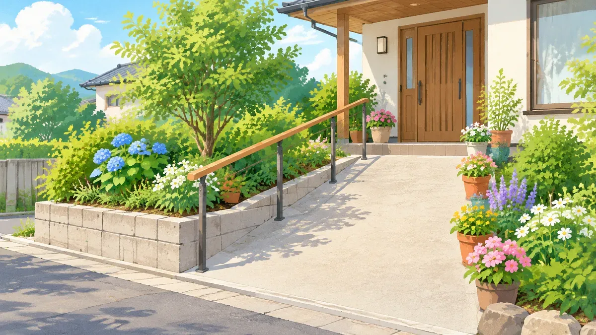 道路から玄関まで手すりがついたゆるい坂の通り道の絵