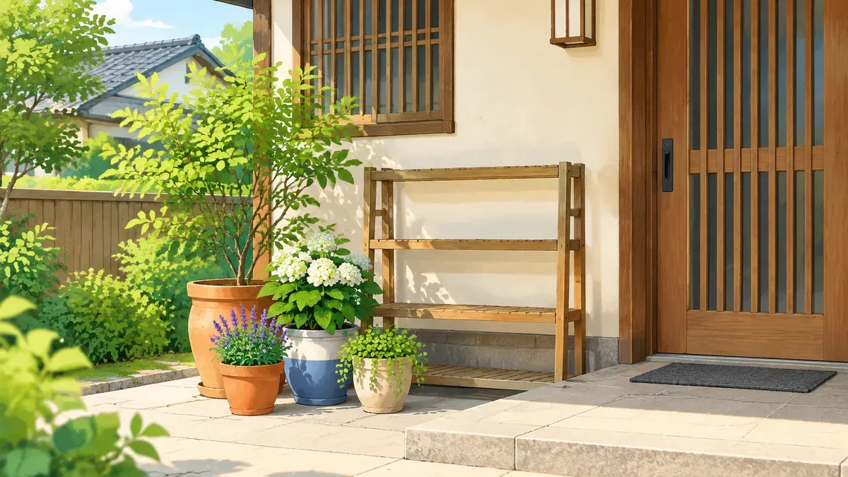 玄関わきに鉢植えを数個にまとめ棚がほぼ空いた絵