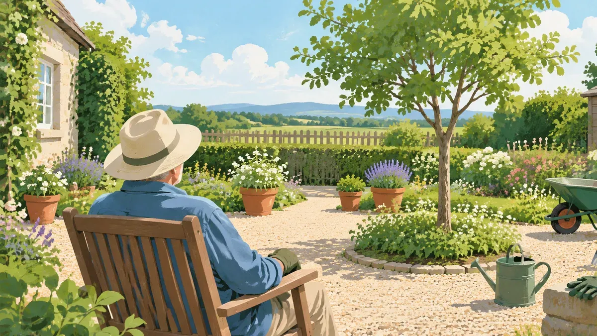 砂利の通路と鉢植えの庭で椅子に座ってひと休みする人の後ろ姿の絵