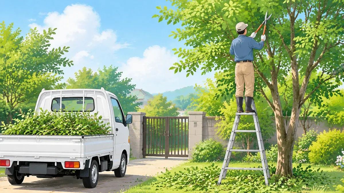 三脚の脚立に乗って高い木を切る植木屋さんと軽トラックの絵