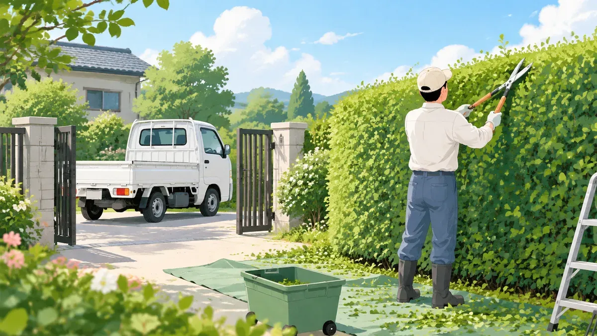 刈り込みばさみで生垣を刈る作業着の人の後ろ姿の絵
