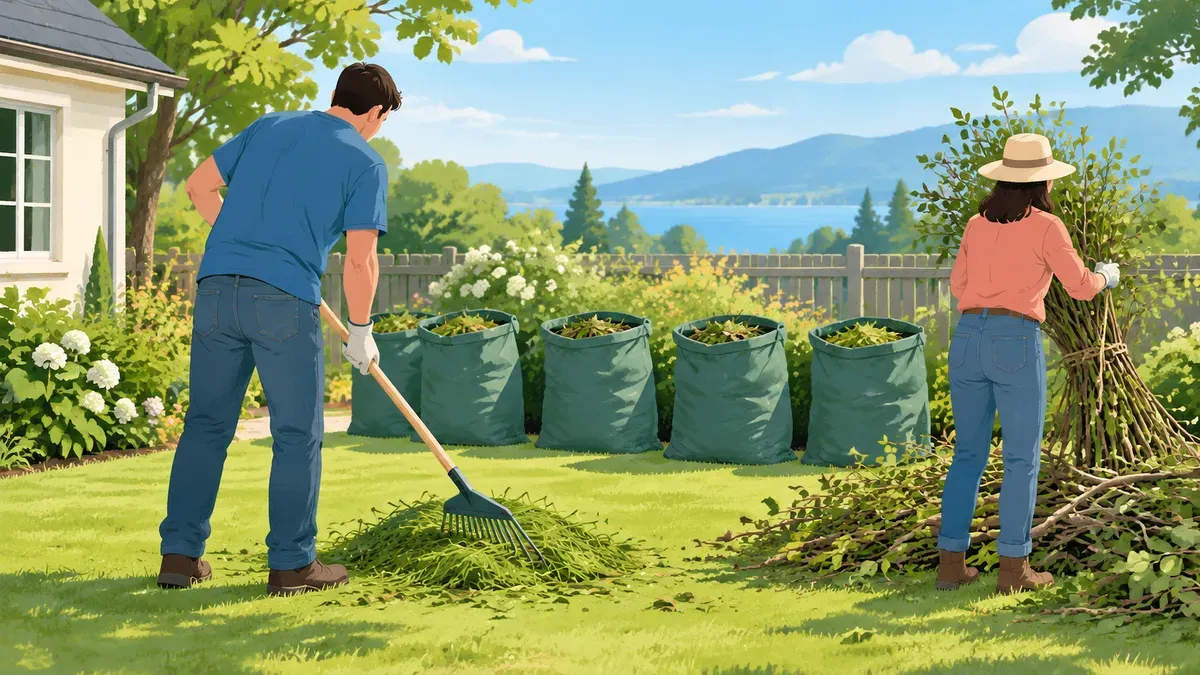 晴れた庭で草を熊手で集める人と枝を束ねる人の後ろ姿の絵
