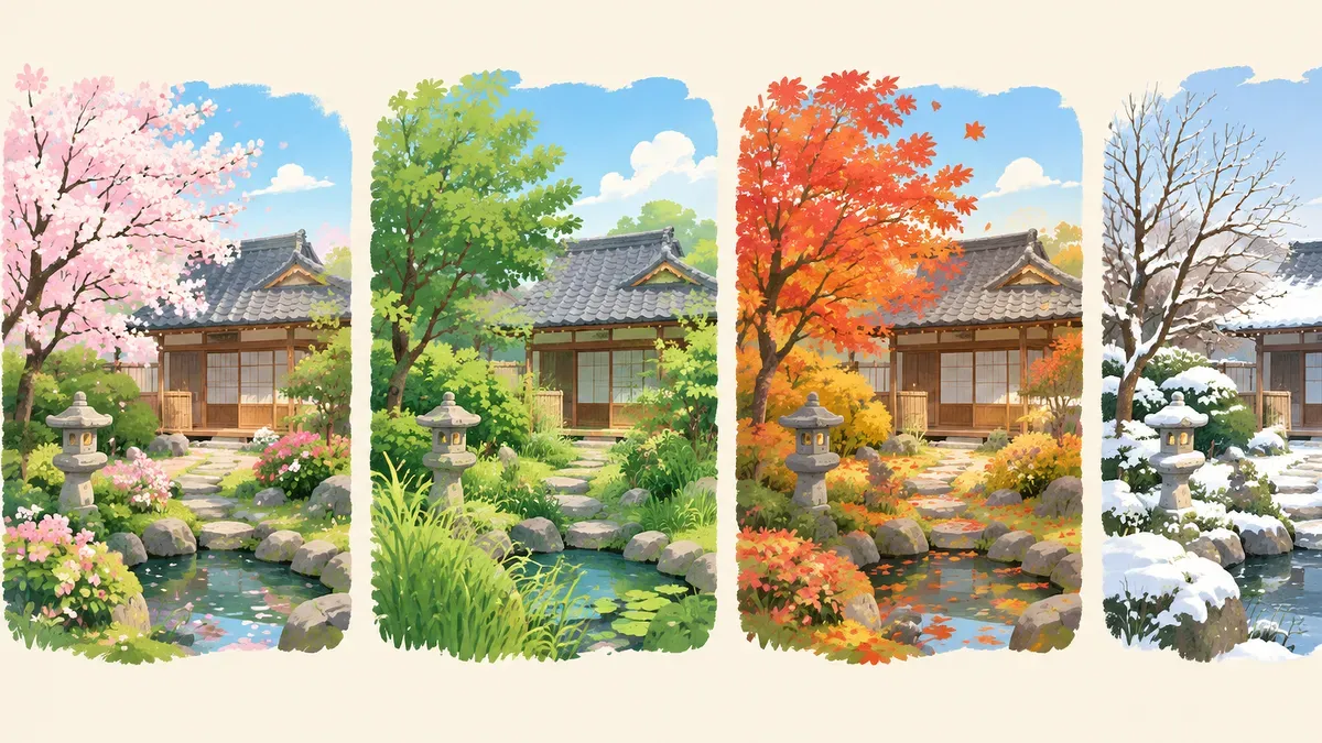 同じ庭の春と夏と秋と冬を左から右へ並べた絵