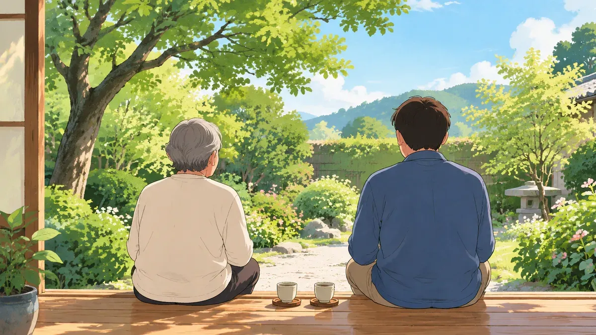 縁側に並んで座りお茶を置いて庭を見る親子の後ろ姿の絵