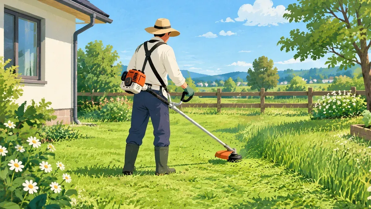 帽子と手袋で草刈機を使い庭の草を刈る人の後ろ姿の絵