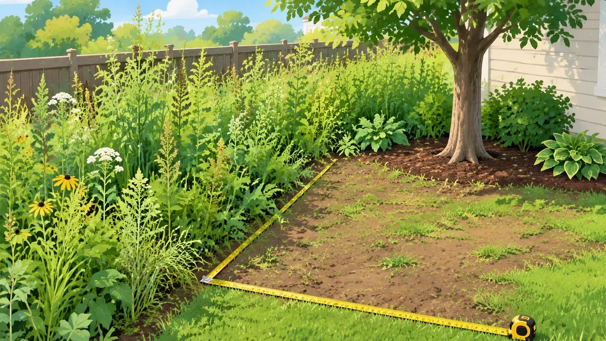 草の多い隅と残す木がある庭に巻き尺が置かれた絵