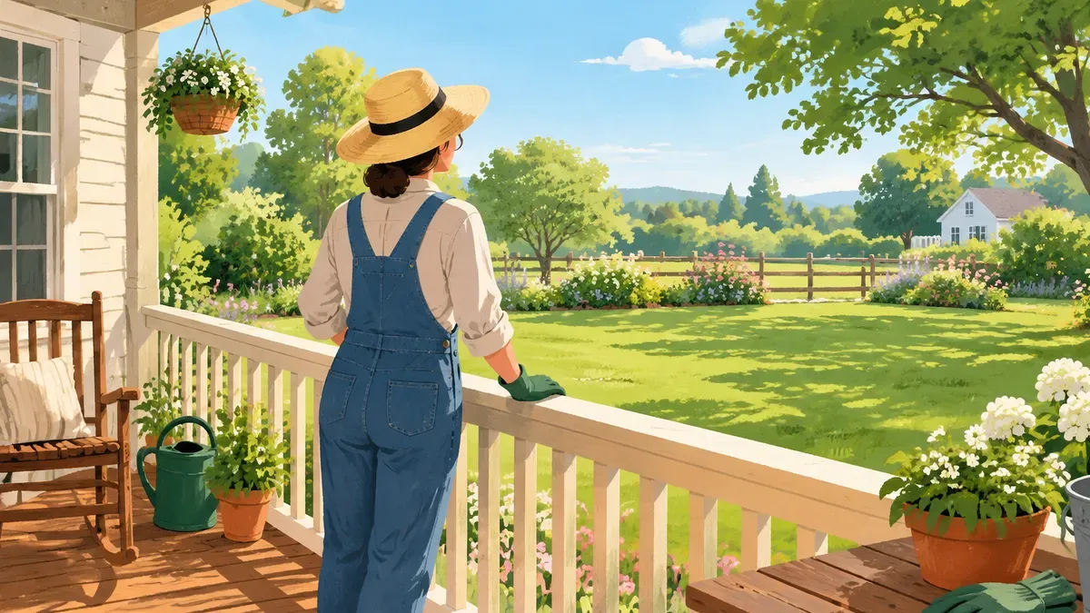 縁側に立って木と芝の広い庭を見わたす人の後ろ姿の絵