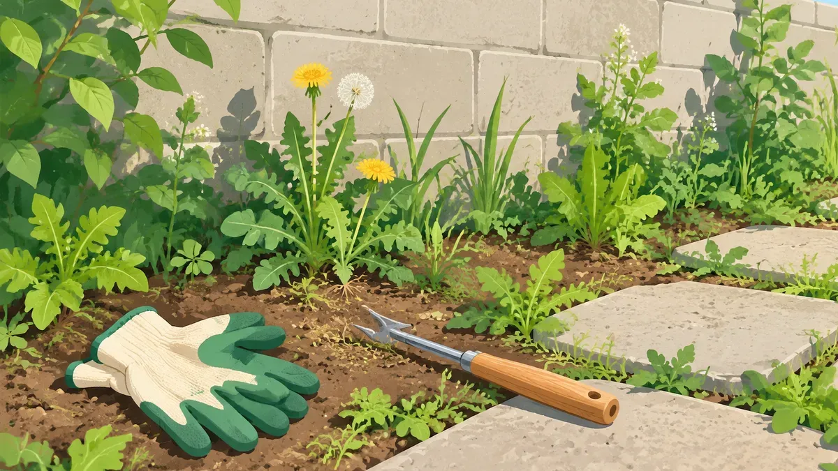 ブロック塀ぎわと飛び石のすき間に草が生えた庭の隅と草取りの道具の絵