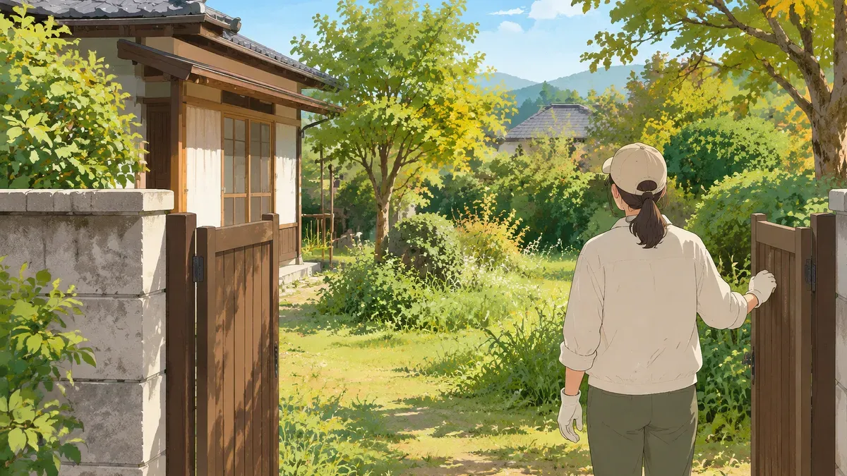 古い家の門の前に立って伸びた草と木の庭を見る人の後ろ姿の絵
