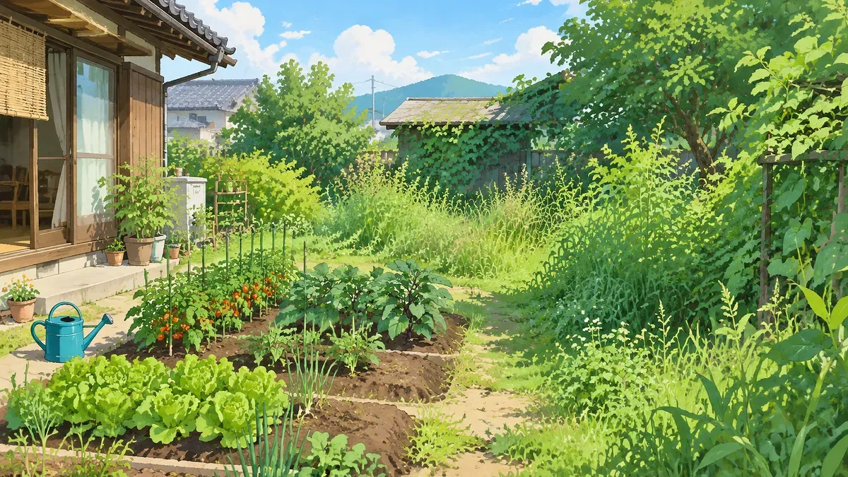 家の近くの小さな畑は整い奥は草とつるが伸びた庭の絵