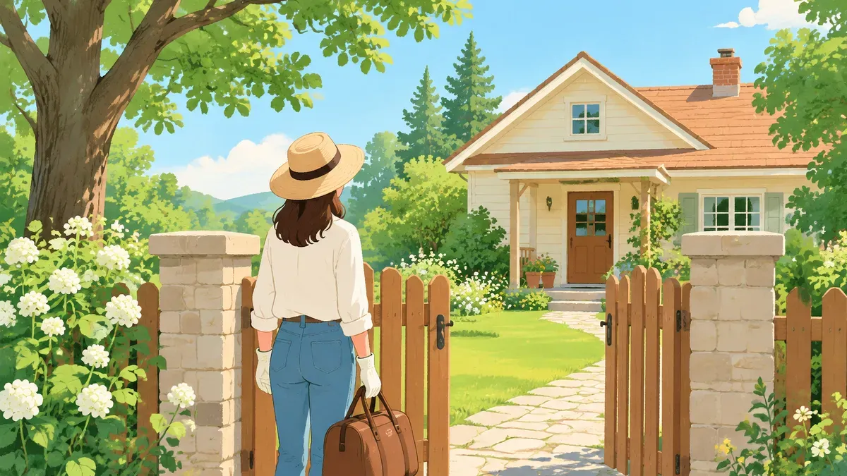 旅行かばんを持って空き家の門の前に立つ人の後ろ姿の絵