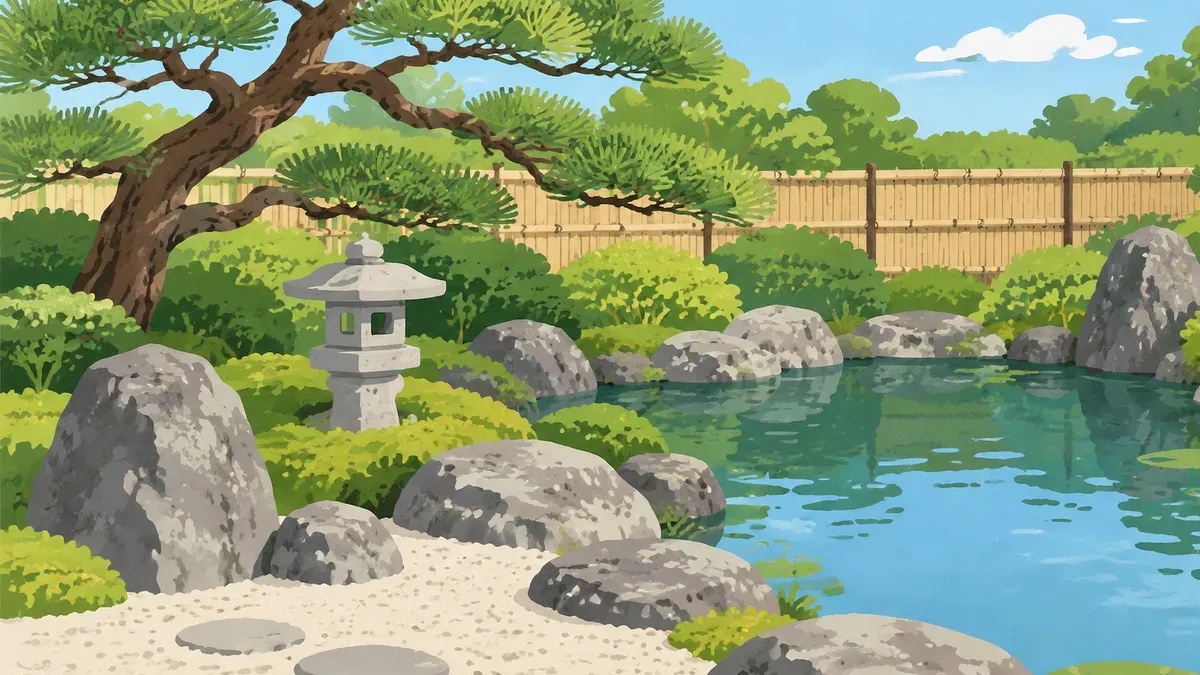 いくつもの庭石と池の縁と古い松がある庭を上から見た絵