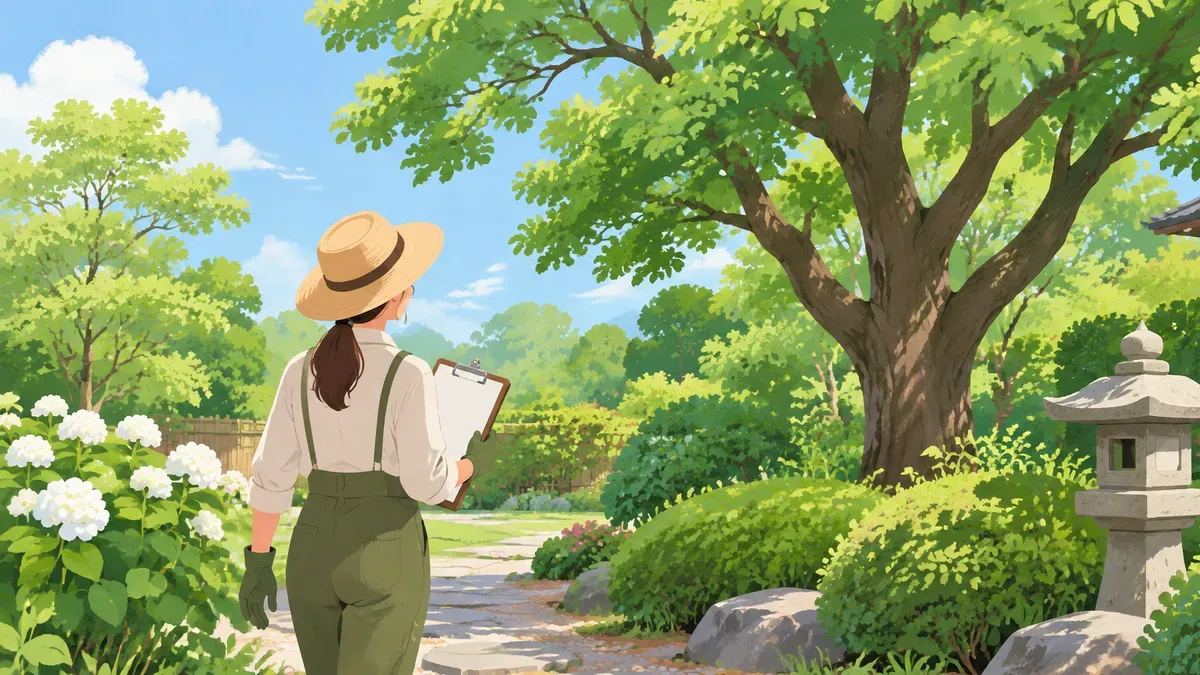 紙をはさんだ板を持って庭の木を見上げる人の後ろ姿の絵