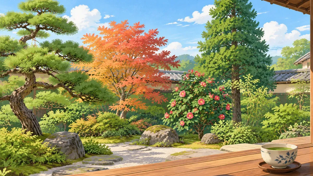 縁側から見た松ともみじと椿と高い針葉樹が並ぶ庭の絵