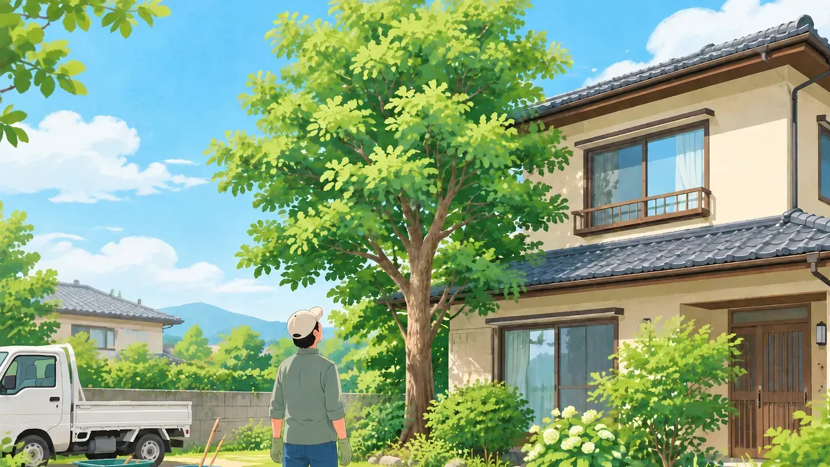 2階建ての屋根ほどの高さの木を見上げる人の後ろ姿の絵