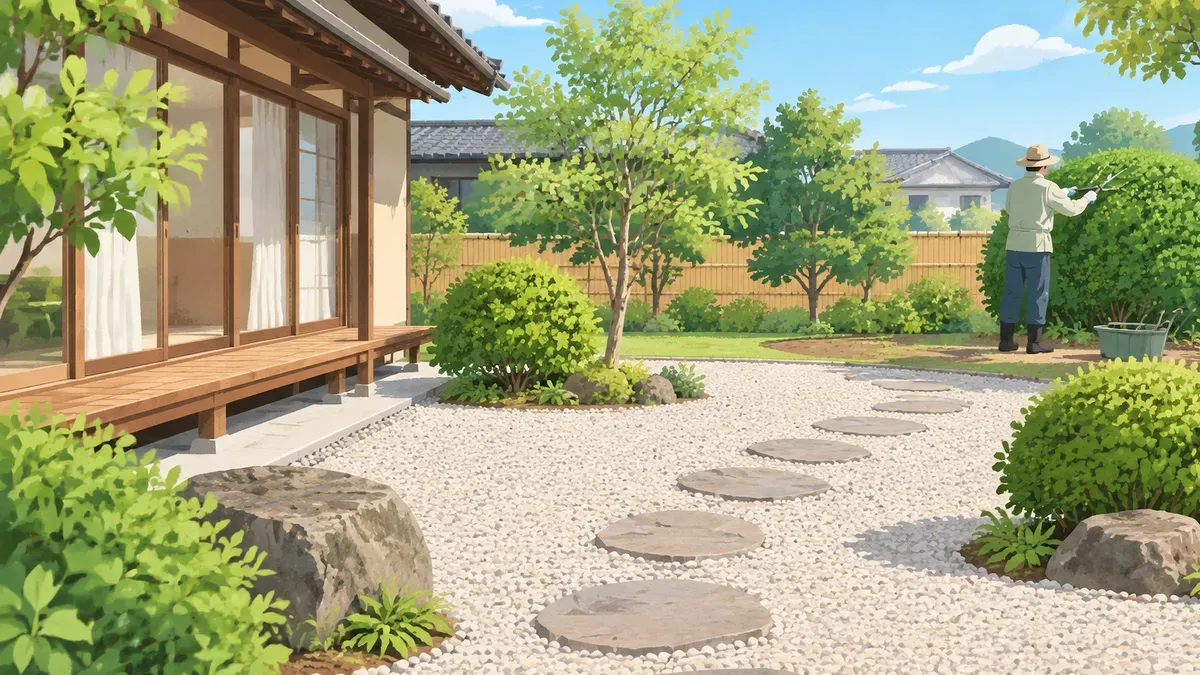 半分を砂利にして低木を残した庭で遠くに植木屋さんがいる絵