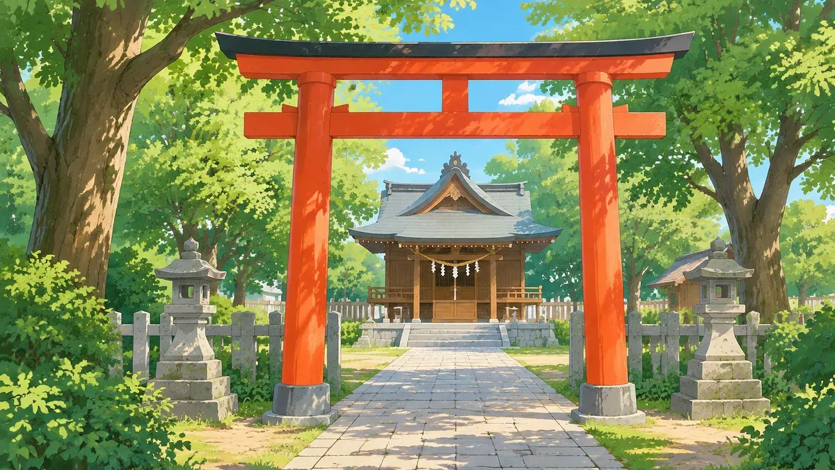 赤い鳥居と石の参道と大きな木がある小さな神社の絵