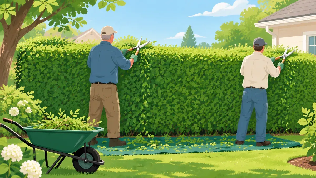 帽子と作業着の年配の2人が生垣を刈る後ろ姿の絵