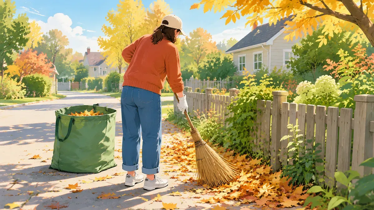 明るい秋の日に塀の手前で落ち葉を竹ぼうきで掃く人の後ろ姿の絵