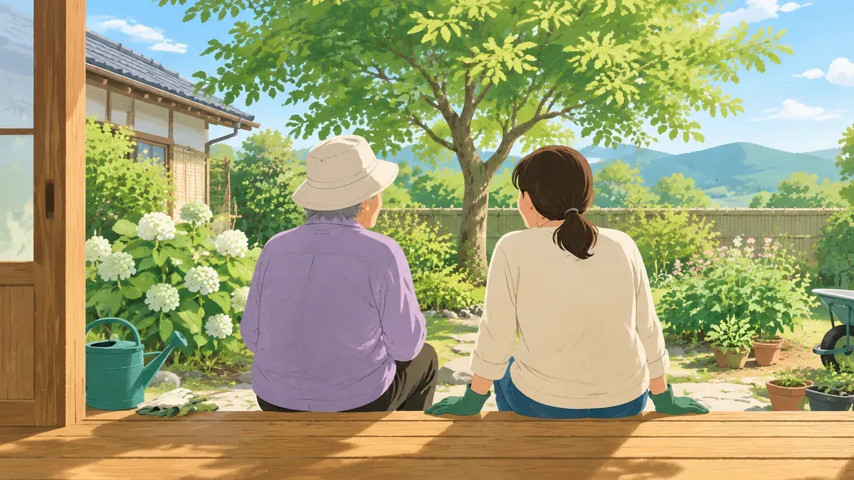 縁側に座って庭を前に話す親子の後ろ姿の絵