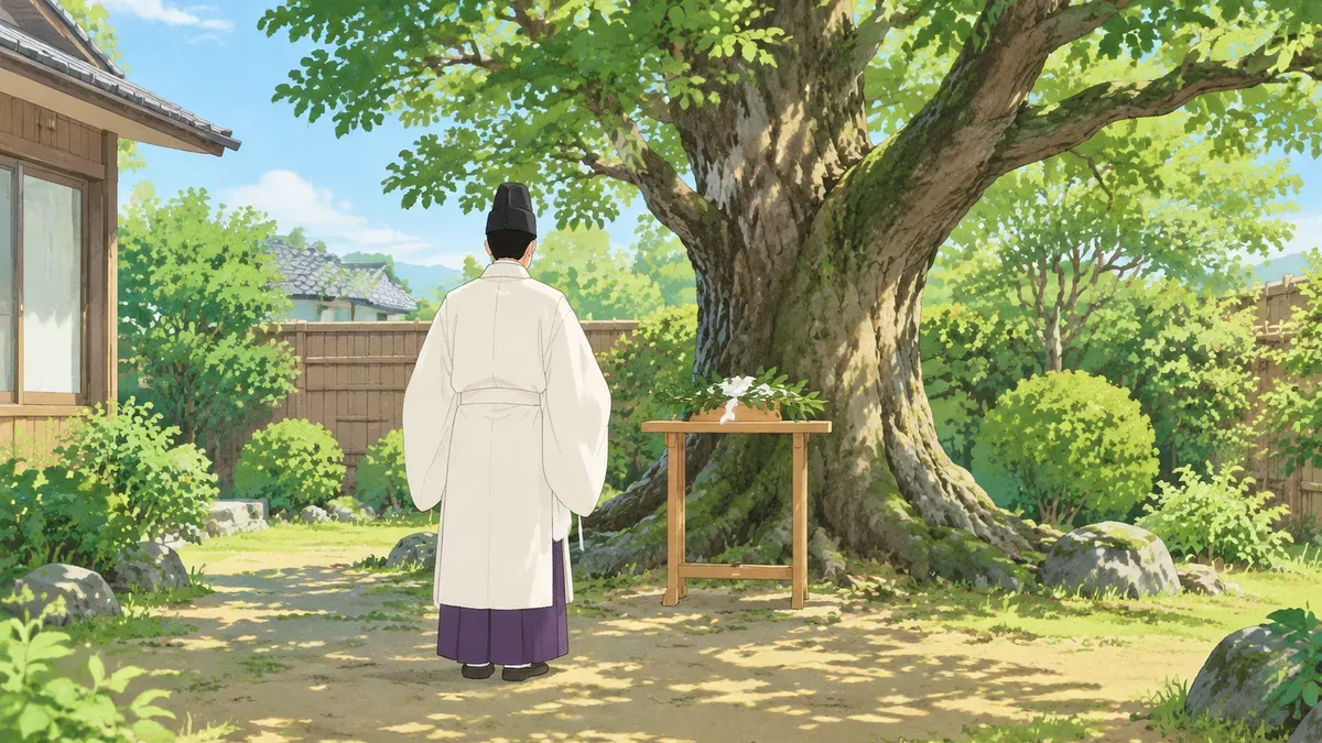 庭の大きな木の前に小さな台を置きお祓いをする神職の後ろ姿の絵