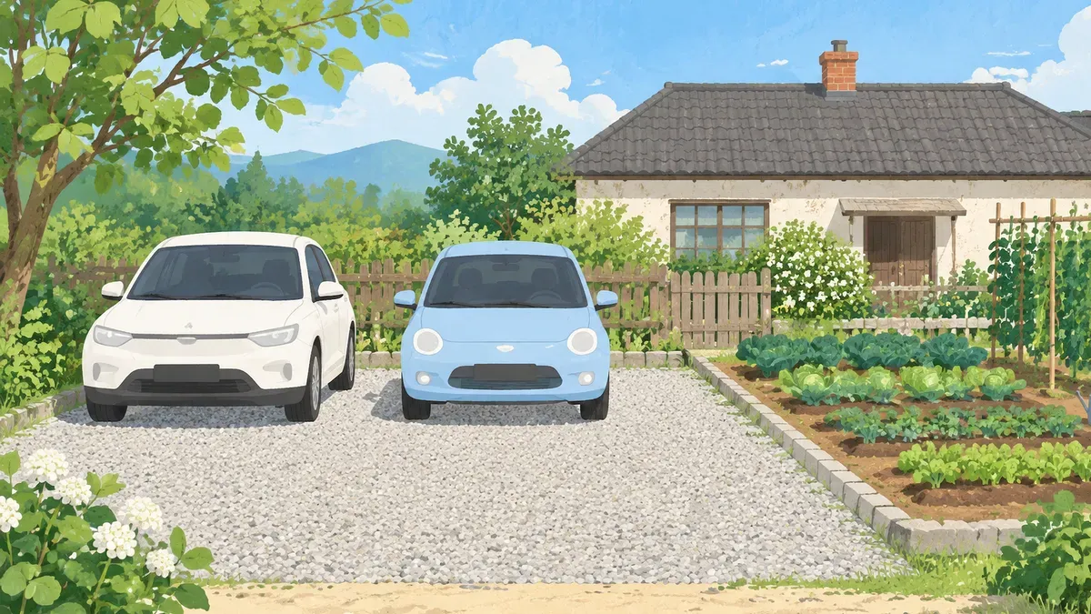 広い庭の一部が砂利の駐車場2台ぶんと小さな畑になった絵