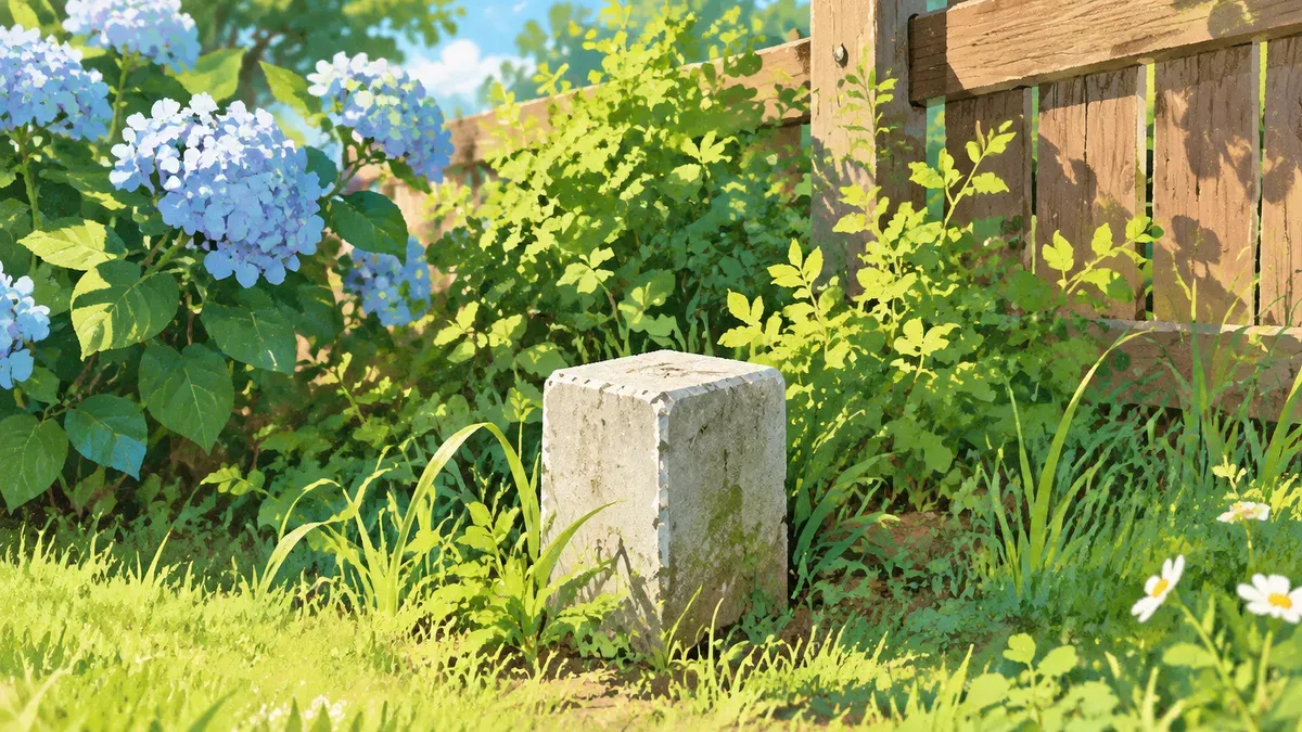 塀のそばの庭の隅に小さな四角い境界の目印がある絵