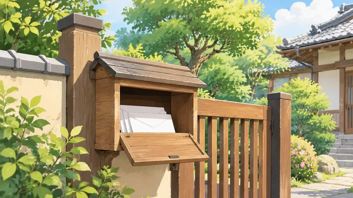 庭の前の門にある郵便受けに無地の封筒が何通か入った絵
