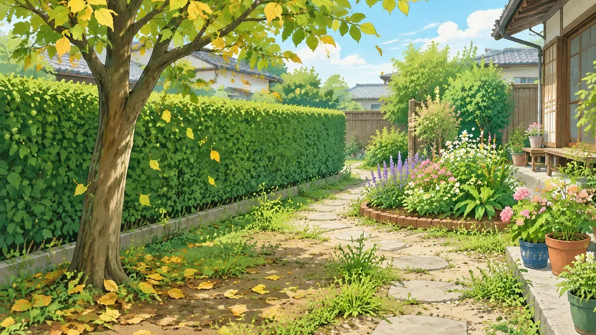 高い木と生垣と通路の草と花壇と鉢植えがそろった庭の絵