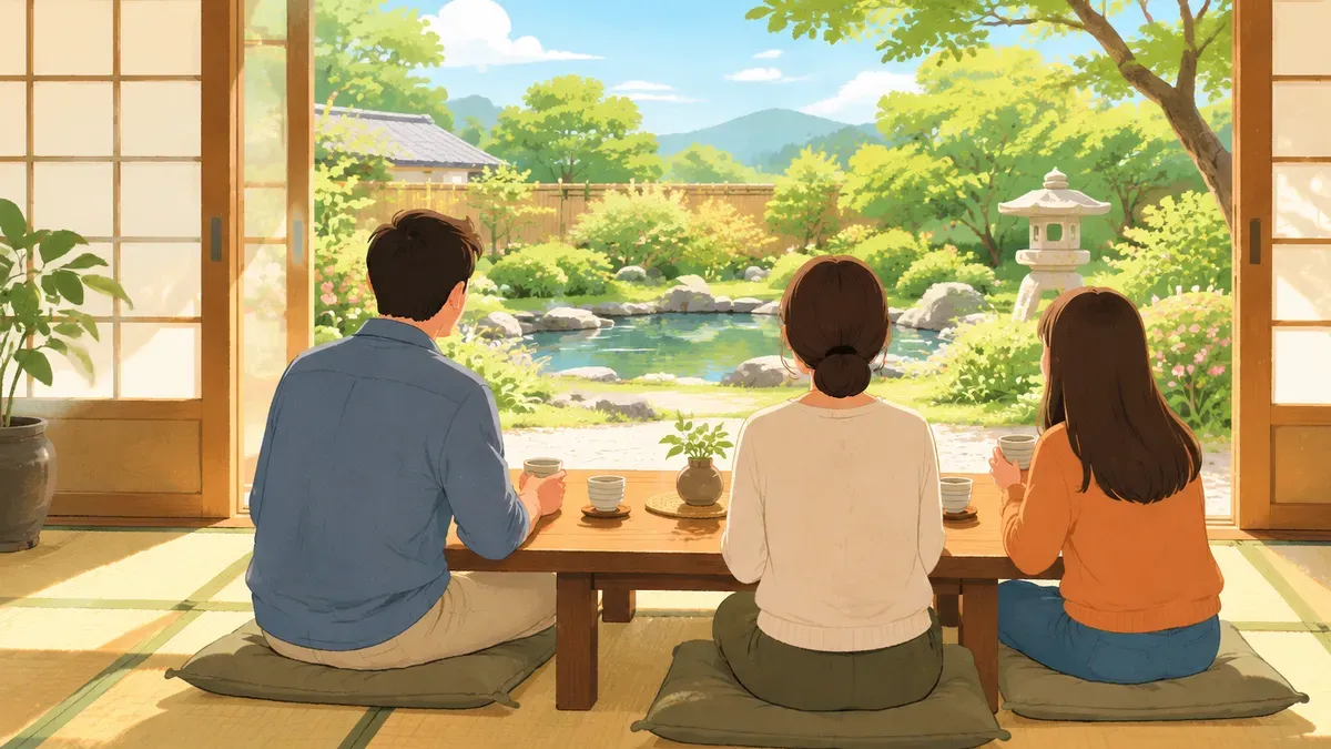 和室の机を囲み開いた戸から庭を見る家族の後ろ姿の絵