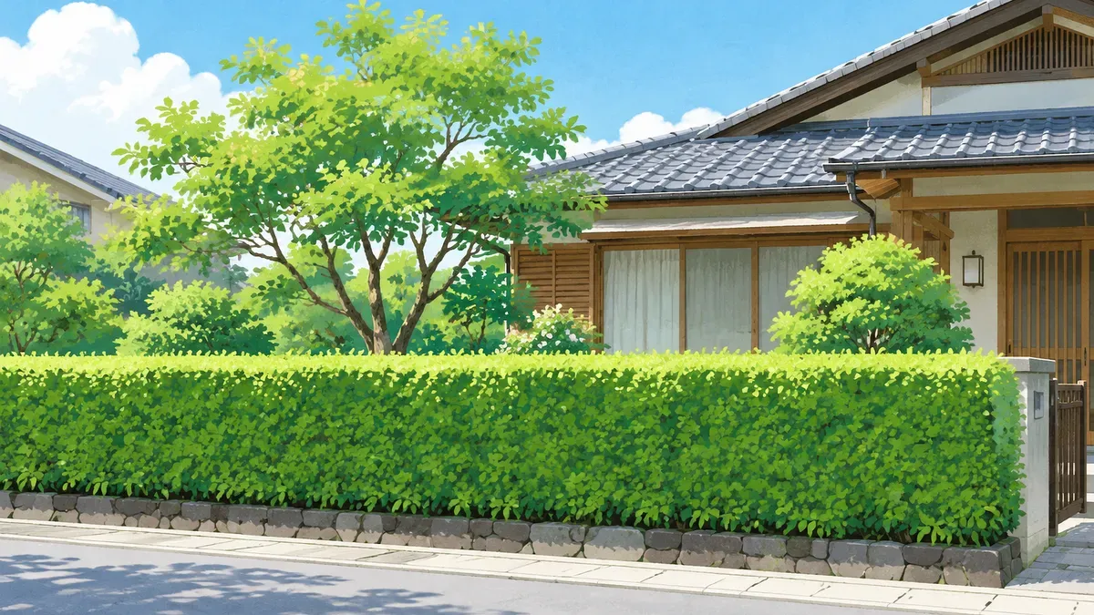 家の前の道路沿いに植えられた低い緑の生垣の絵